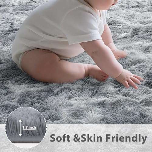 Prabia 5x8 Tie Dyed Grey Rug,Super Soft Fluffy Plush Carpet for Living Room & Bedroom,Modern Shaggy Rugs for Girls Kids Room, Nursery & Dorm,Anti-Slip Fuzzy Home Decor 6