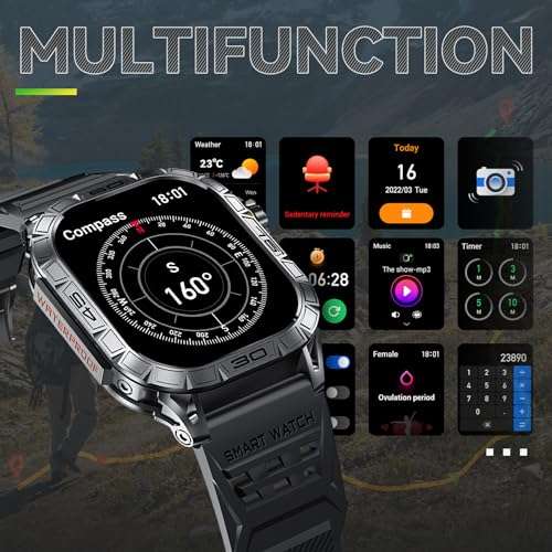 Military Smart Watch for Men with Compass(Answer/Dial Call) 1.96" AMOLED Always On Display Rugged Outdoor Tactical Smartwatch with Heart Rate Blood Pressure Sleep Monitor Fitness Watch for Android iOS 5