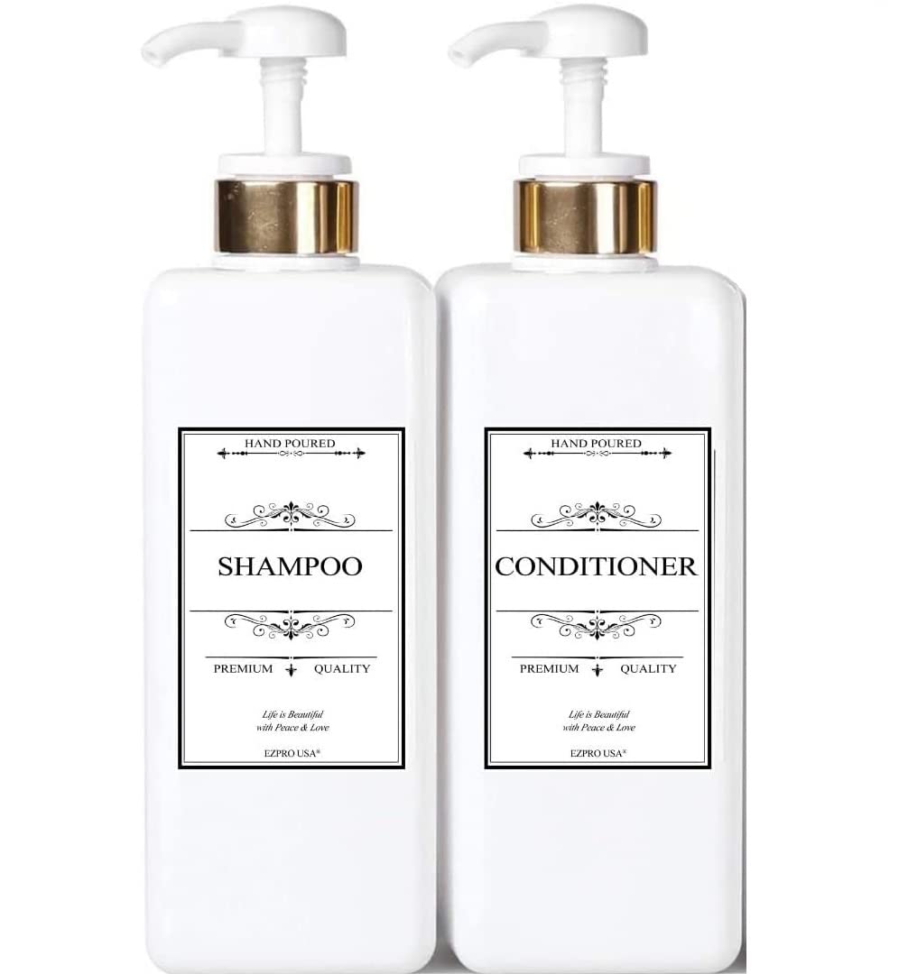 Empty Plastic Pump Bottles Square Shampoo Bottle Conditioner Soap Lotion Refillable, BPA Free for Body Wash, Moisturizer, Face Cream, Liquid Hand Soap, Self-Tanner (2pack, GoldWhite)