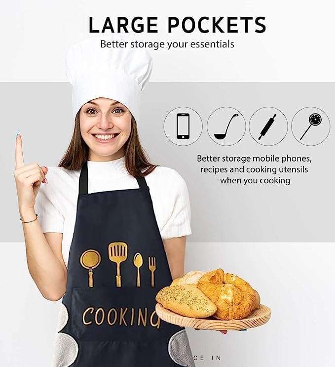 ZIKKIT -1 Pcs -Assorted Waterproof Kitchen Apron for Women with Big Front Pocket Hand-Wiping Towel Comfortable Wear-Resistant Chef for Cooking One Size Fits Most -black 3