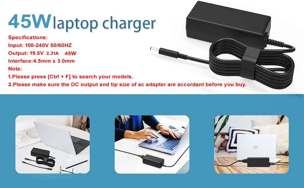ULTRAZONE Laptop Adapter/Charger Compatible for DELL Inspiron 15 5000 (5580) (Output: 45W)- (Rating: 19.5V 2.31A) - (Pin Size : 4.5mm x 3.0mm) 5