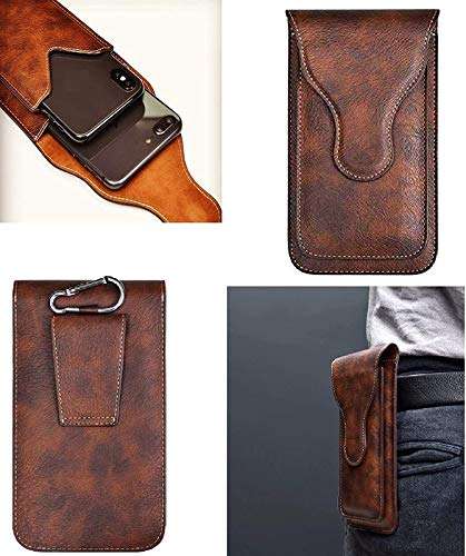 ConnectPoint Brown Texture 2 Pocket Pouch Waist Holster Pouch Genuine Leather Holster Double Mobile Pouch Belt Clip Cases Waist Bag Pack Compatible for Huawei nova 7 SE 1
