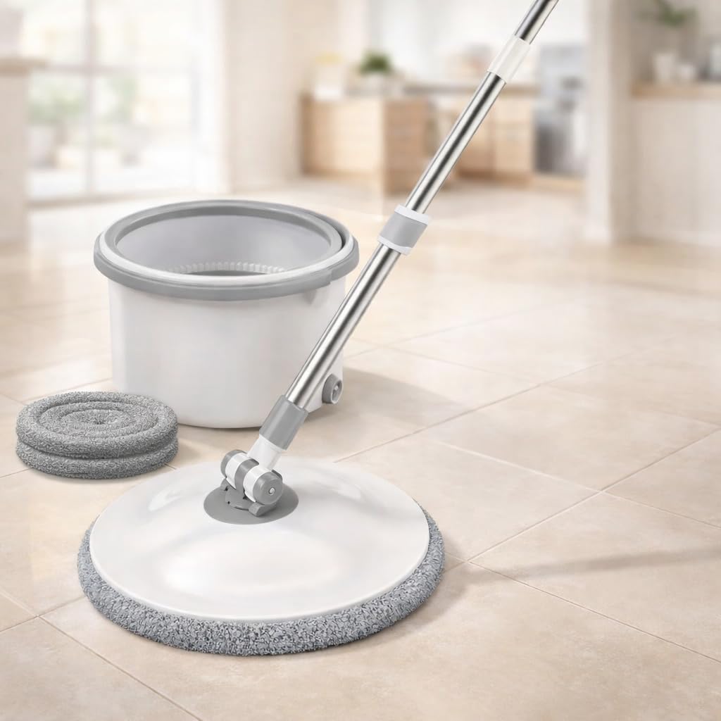 Mevigo Spin Mop with Bucket Deluxe System for Floor Cleaning - 360° Flexible Mop with Self Separation System with 2 Pcs Reusable Microfiber Pad Home, Kitchen, Bathroom & Office -White 1