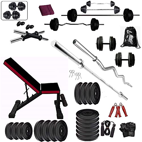 BODYFIT Home Gym Set Combo Kit, (20Kg-100Kg) Weight Plates,3 Ft Curl +5 Ft Straight Rod,Dumbbell Rods Pair, Adjustable Multi-Level Gym Bench, Fitness Bench, Gym Kit Accessories (70 Kg Set) 1
