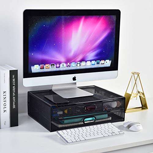 Monitor Stand Riser with Drawer - Metal Mesh Desk Organizer with Dual Pull Out Storage Drawer, Printer Holder with Pull Out Storage Drawe 4
