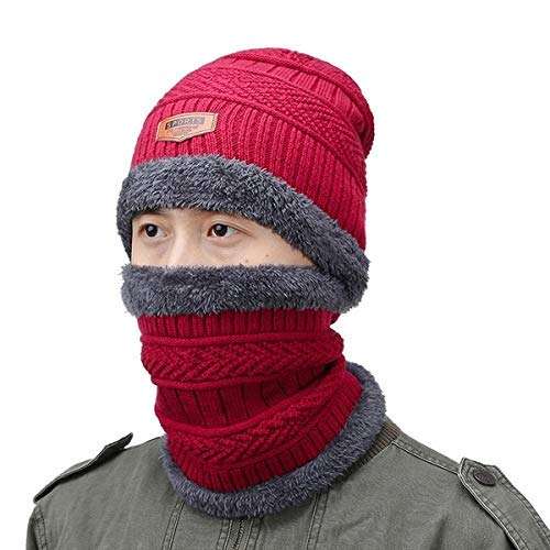 Winter Snow Proof Inside Fur Wool Winter (Beanie Cap + Neck Scarf) for Men and Women (Red) 1
