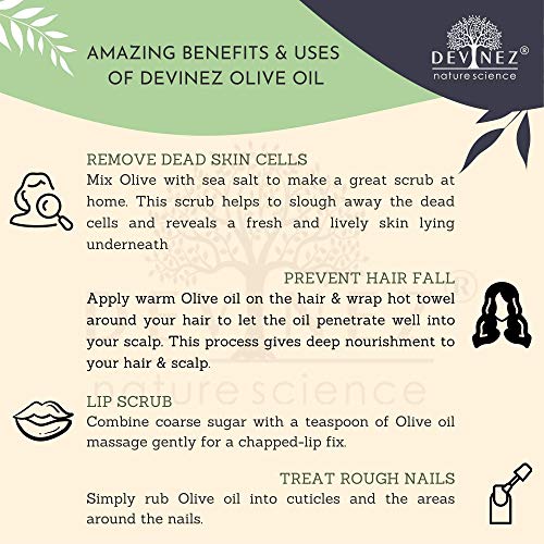 Devinez Olive Cold Pressed Oil (Jaitun Ka Tel), 250ml (NABL & IFRA Certified) with Flip-Top Cap and Hair Applicator - 100% Pure, Natural & Undiluted - Moisturizes Skin, Fights Signs Of Aging, Improves Skin Health, Hair Healthy 5