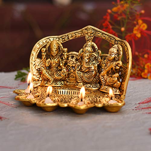 Collectible India Laxmi Ganesh Saraswati Idol Diya Oil Lamp Deepak - Metal Lakshmi Ganesha Showpiece Statue - Traditional Diya for Diwali Puja - Diwali Home Decoration Items Gifts (1) (1) 2