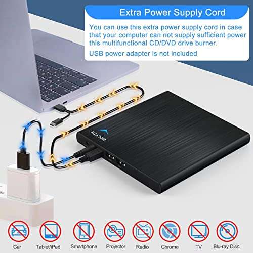 NOLYTH External CD DVD Drive for Laptop: USB CD Burner Plug and Play for Mac MacBook PC Windows - Portable with 1 Audio 2 USB Ports Slim Player Reader for CDs and DVDs 4