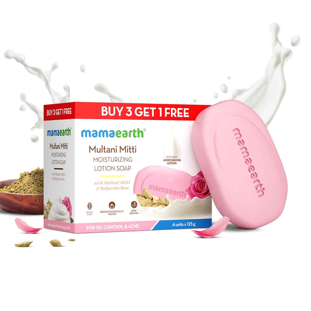 Mamaearth Multani Mitti Moisturizing Lotion Soap with Multani Mitti & Rose for Oil Control & Acne (3 + 1 Free) (125 gm x 4) | Benefits of Lotion | Deeply Cleanses & Moisturizes | Grade 1 Acne soap