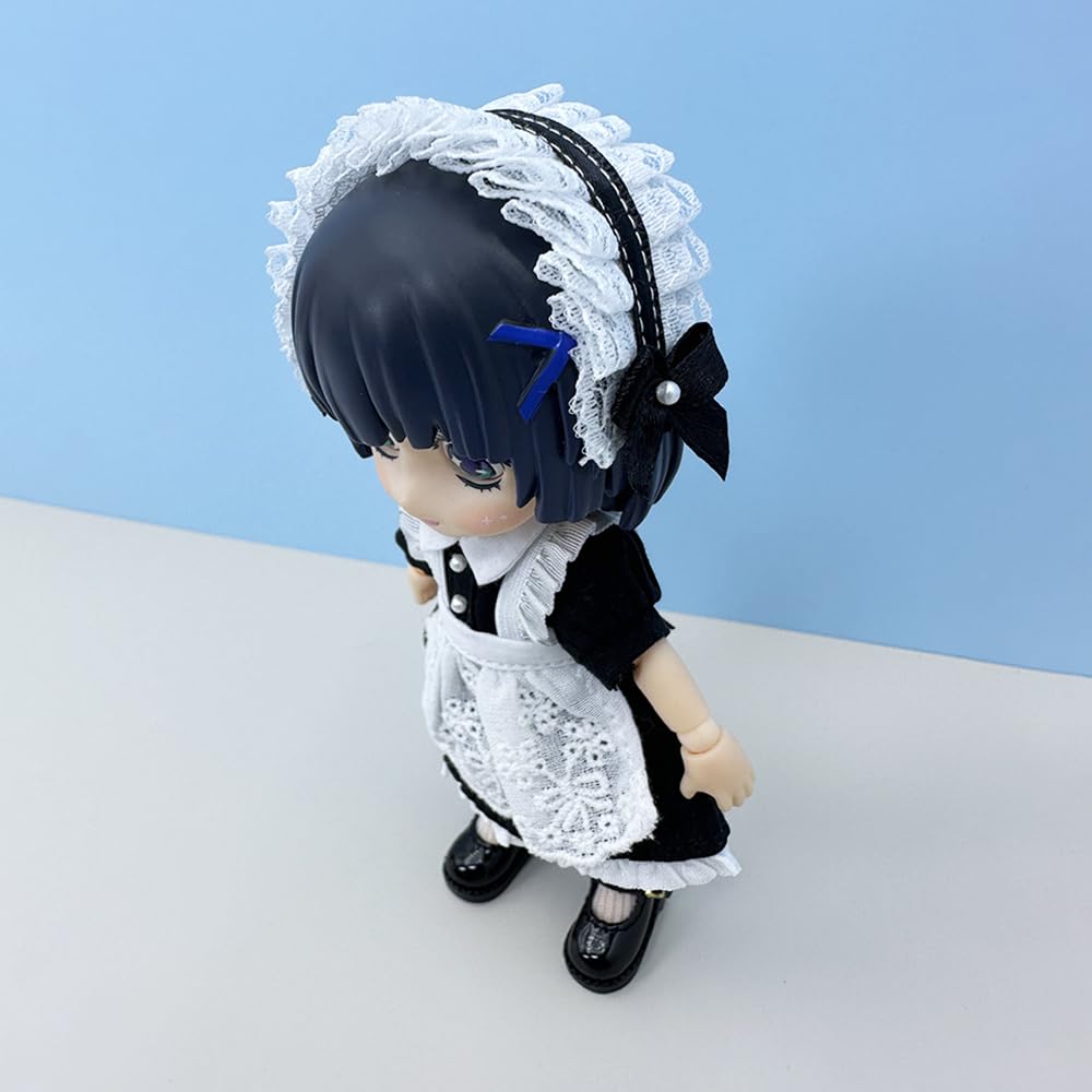 niannyyhouse 1/12 BJD Doll Clothes Headwear Dress Apron Shoes Socks Maid Outfit OB11 4.3in Action Figures Doll Dressup (Blue) 4