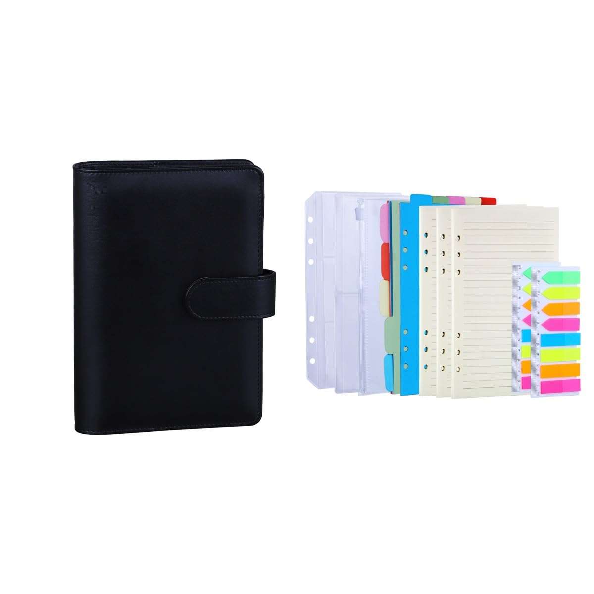 Antner A6 PU Leather Notebook Binder (Black) Bundle | 3 Pack A6 Refill Paper, 2 Pack 160pcs Neon Page Markers, 10pcs Binder Dividers, 3pcs Binder Pockets 1