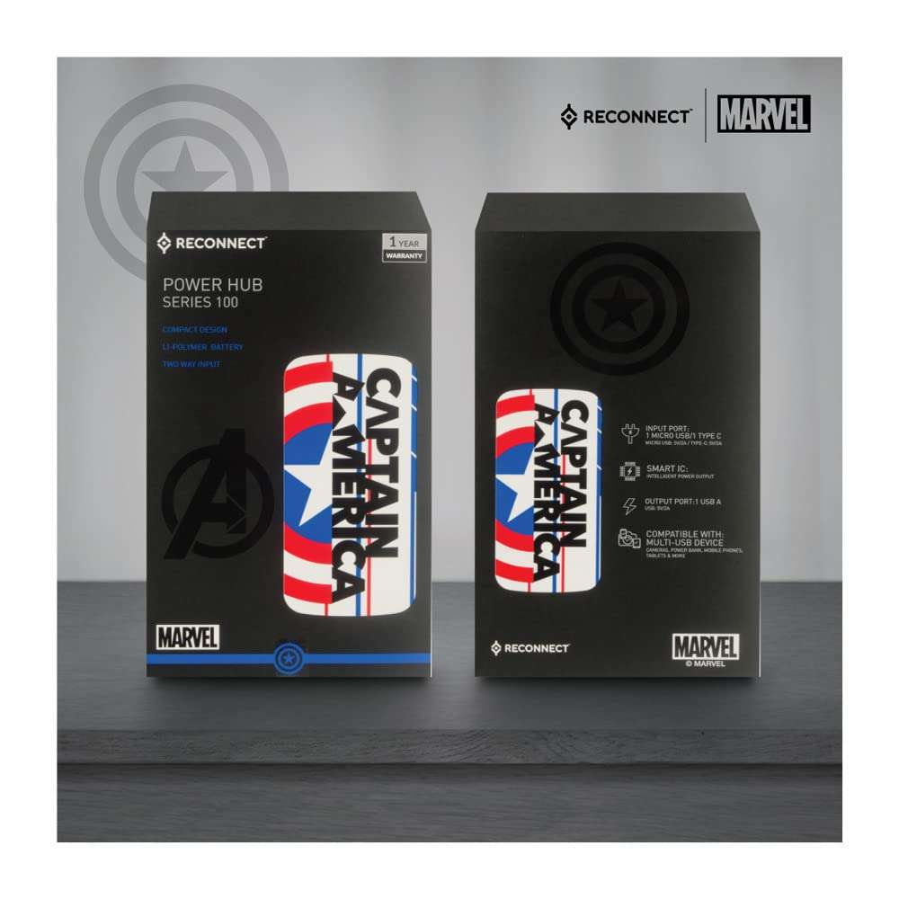 Reconnect Marvel 10000mAh Power Bank, Li-Po Battery, 1 USB Output Port, Micro USB & Type C Dual Input, BIS Approved, Mobile Accessories - DPB102 (Captain America Shield) 5