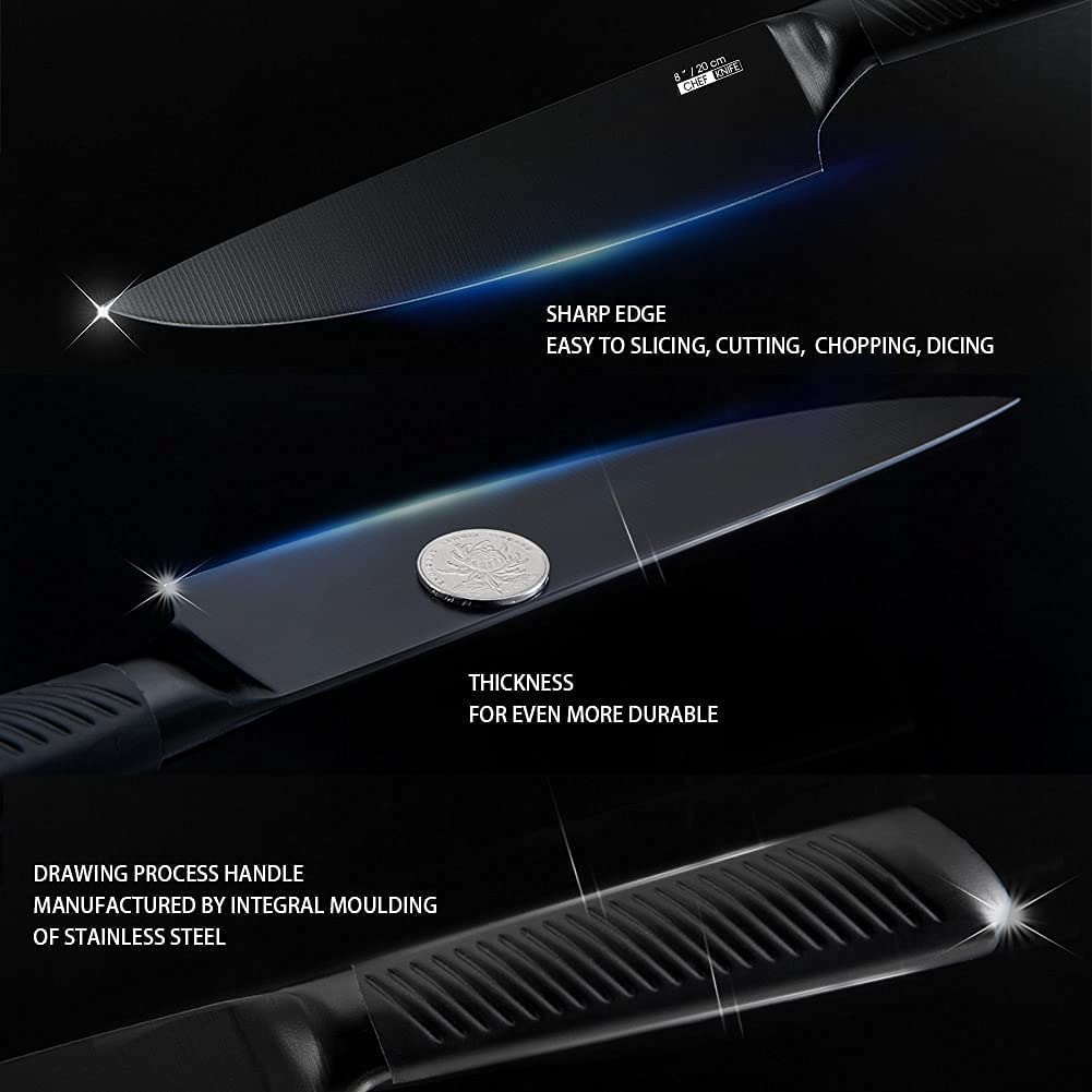 Knife Set, 15 Pieces Black Kitchen Knife Set with Wooden Block, Non-Stick Coating Chef Knife Set with Knife Sharpener for Self Sharpening, German Stainless Steel Knife Set with 6 Steak Knives, Black 4