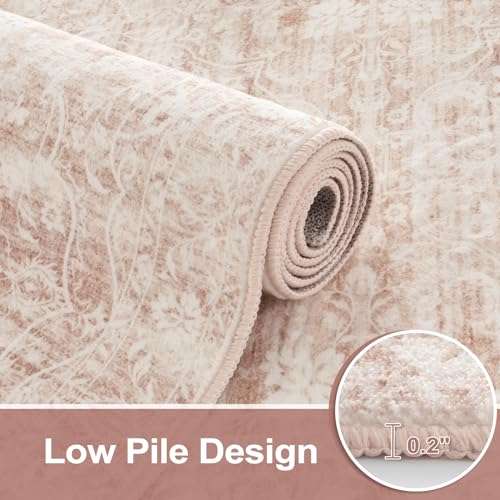 Uphome Boho Runner Rug 2x6, Washable Pink Cute Kitchen Runner Rug, Vintage Soft Non-Slip Bathroom Rugs, Oriental Distressed Tribal Floral Throw Carpet for Hallway Bedroom Entryway 5