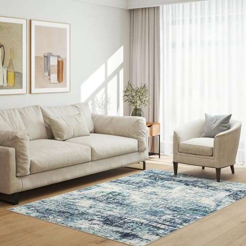 ONBRILL Washable Rug 4×6, Modern Abstract Living Room Rug, Medium Pile Non Slip Rug, Indoor Small Carpet Rugs for Living Room, Bedroom, Kitchen, Laundry, Office, Dark Blue+Beige 2