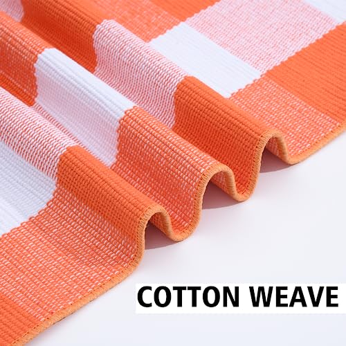 Fall Plaid Area Rug 3x5 Ft, Orange and White Buffalo Check Large Farmhouse Cotton Rug, Hand-Woven Washable Indoor Outdoor Carpet for Halloween Thanksgiving Autumn Porch Patio Decor 6