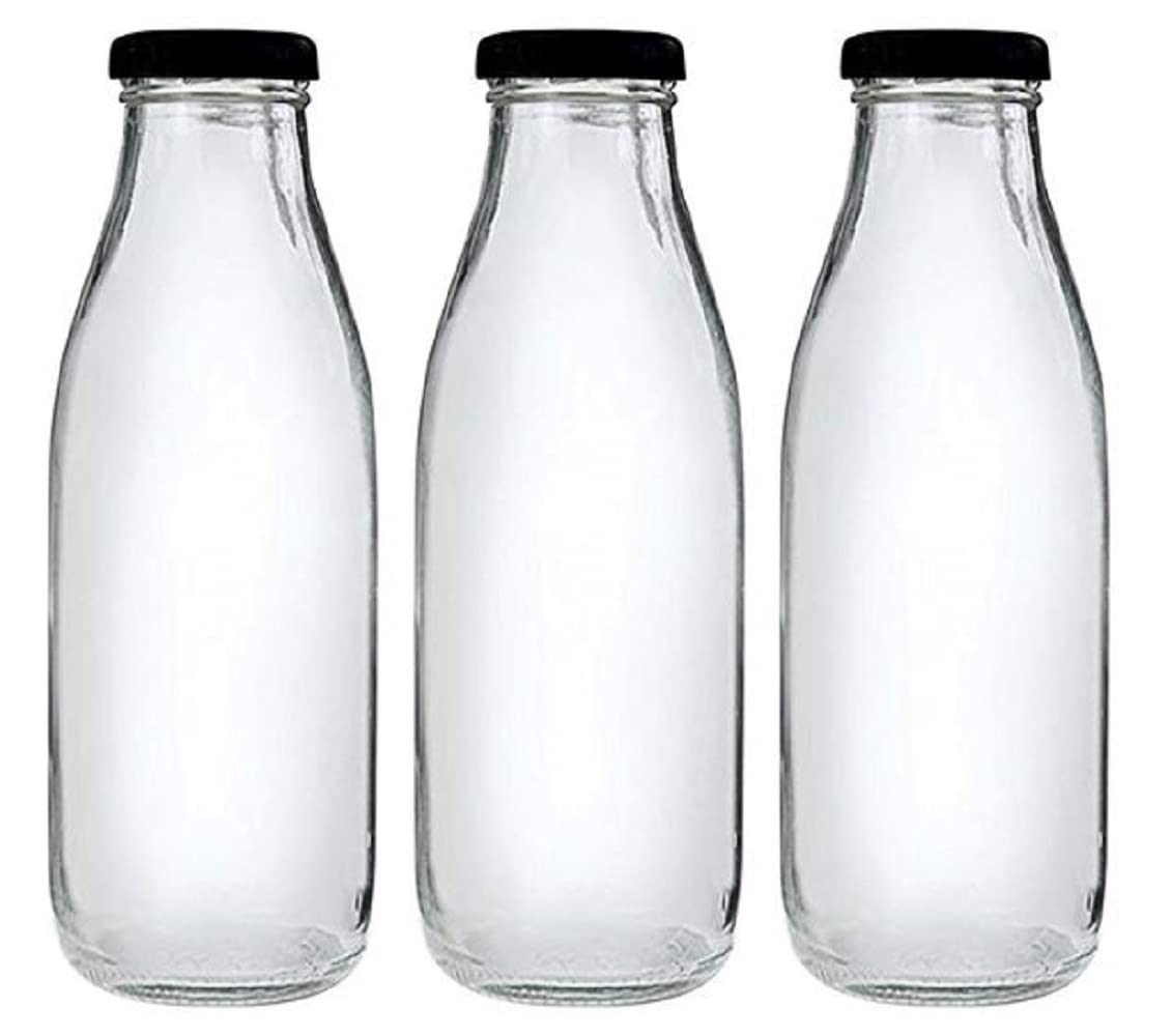 Mkd2 Rise Glass Bottle 500 ml, Set of 3 with Air Tight Black Metal Lid for Water, Milk, Juice & Oil 1