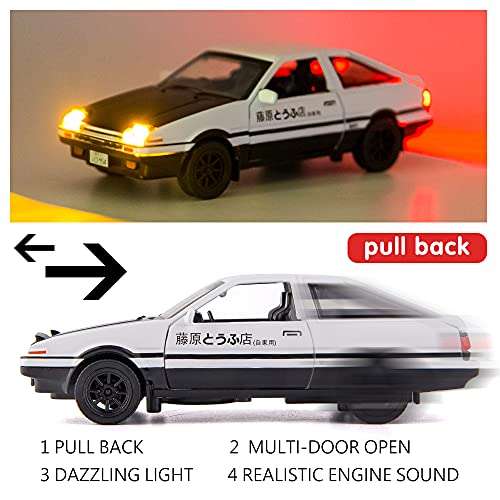 BDTCTK 1/32 AE86 Initial D Model Car, Zinc Alloy Pull Back Toy car with Sound and Light for Kids Boy Girl Gift(White) 4