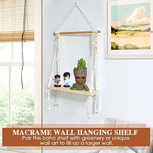 Kevadia Macrame Wall Hanging Shelf Cotton Rope Natural Pine Wood Swing Triangle Floating Shelf Modern Boho Decor for Living Room Dorm Bathroom Office Balcony 20inch L x 12 inch W 5