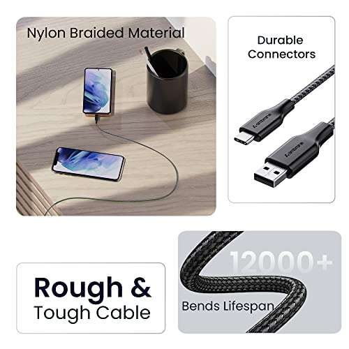 Ambrane Braided Type C Fast Charging Cable (Pack Of 2) Unbreakable 3A 1.5M For Smartphones,Tablets,Laptops & Other Type C Devices,Pd Technology,480Mbps Data Sync,Quick Charge 3.0 (Rct-15 Combo)-Black 4