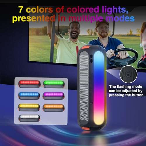 ATOVANKA Magnetic Solar Bluetooth Speaker,Portable Golf Cart Speaker with 7 Colorful Flashing Lights, 30W Super Bass 15H Playtime, IP66 Waterproof, for Outdoor, Home, Party, Beach, Travel 4