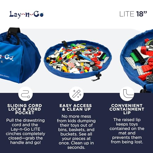 Lay-n-Go 4-in-1 Drawstring Toy Storage Organizer Mat - Durable Machine Washable Drawstring Bag for Lego & Other Toys - Easy-to-Clean Pull String Bag w/ 4 Mesh Pockets & Raised Lip (18", Red/Blue) 4