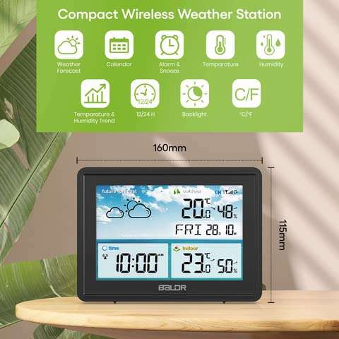 BALDR Home Weather Station & Indoor Outdoor Thermometer with Wireless Remote Sensor, Atomic Alarm Clock, Calendar, Humidity Monitor,& Weather Forecast & Digital Weather Station in LCD Display (Black) 3