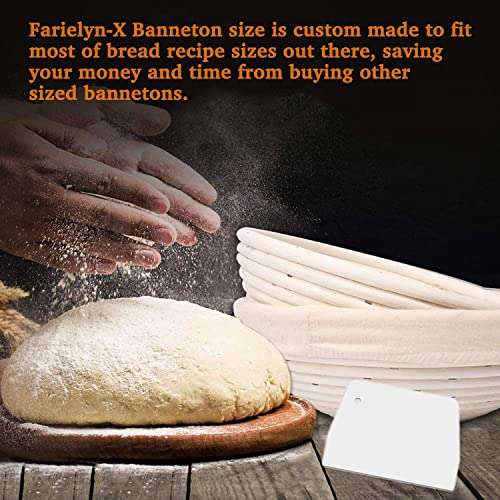 Farielyn-X 2 Packs 9 Inch Bread Banneton Proofing Basket - Baking Dough Bowl Gifts for Bakers Proving Baskets for Sourdough Lame Bread Slashing Scraper Tool Starter Jar Proofing Box 6