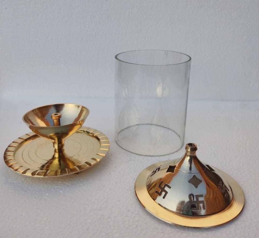 Heaven Decor Brass and Glass akhand deep Diya with Cover for Puja | Deepam Jyot Diya Oil Lamp | Pooja Articles and Pooja Items for Home Temple 4.8 inch 4