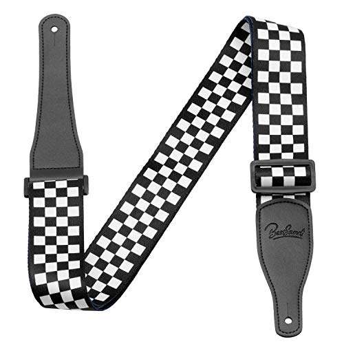 Guitar Strap, Bass Guitar Strap, Electric and Acoustic Guitar Straps - Durable Nylon Checkered Guitar Shoulder Strap with Leather Ends (Black and White Checkered) 5