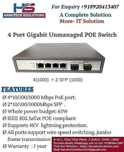 Hanutech Unmanaged PoE Switch 4 Port Gigabit- 10/100/1000Mbps 4*PoE + 2*1.25G SFP Ports (SFP Modules Not Included), 65W for CCTV Networking, 1-Year Warranty 5