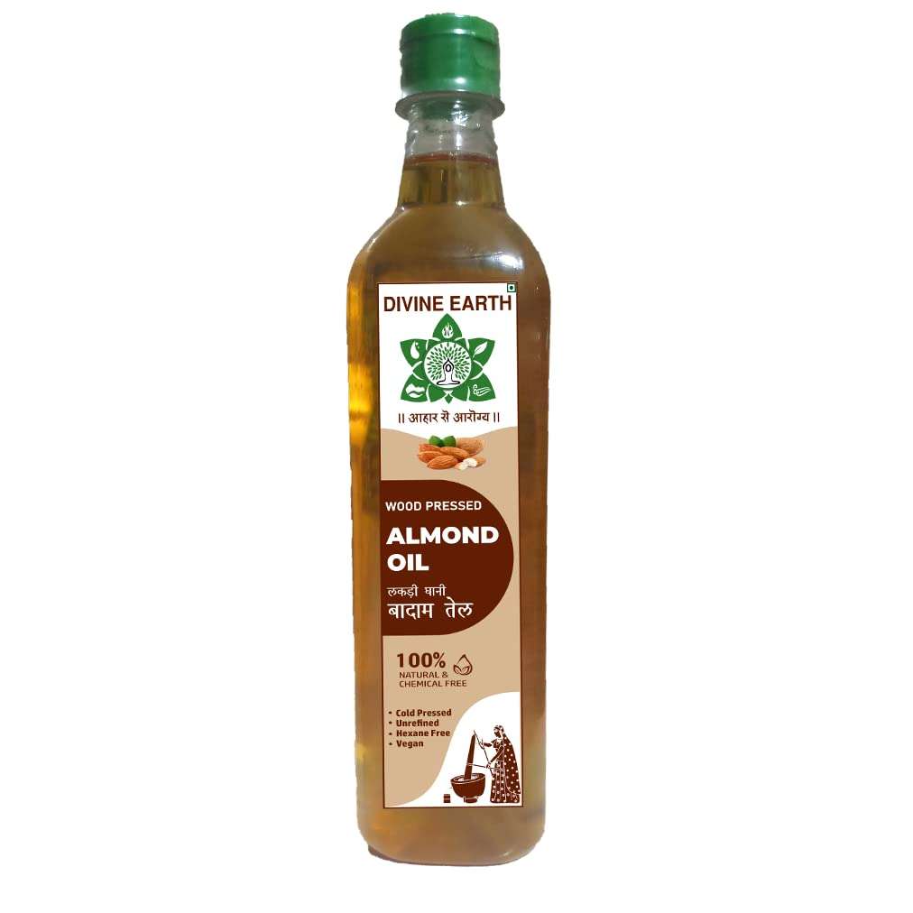 DIVINE EARTH Wood Pressed Sweet Mamra Almond Oil Ideal For Skin Care, Hair Growth & Nourishment, Healthy Glowing Skin, Baby Massage Oil,100% Pure - 250ML (Pack of 1) 1