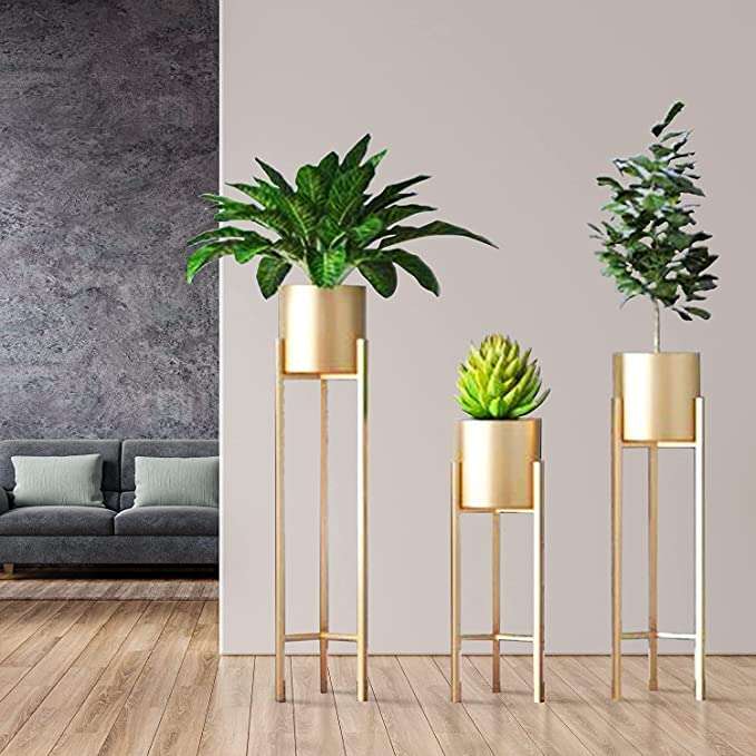 Royal Crafts Wrought Iron Pot Stand, Metal Indoor outdoor Plant Stand With Planter Pot, Gold, 3 Pieces 5