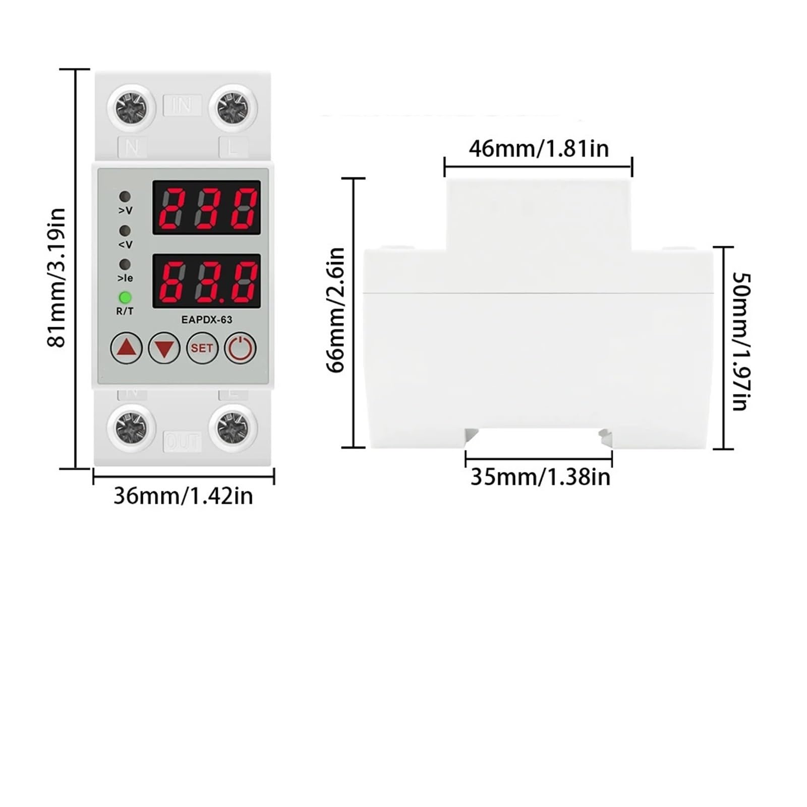 Dual Display 40A 63A 230V Adjustable Digital Over Under Voltage Relay Protective Device Limit Over Current Protection Din Rail(EAPDX,40A) 3