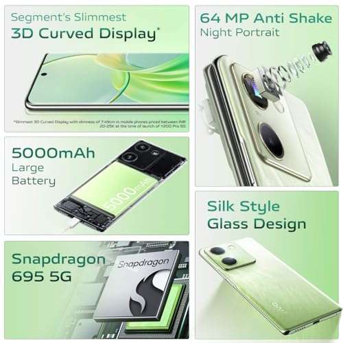 vivo Y200 Pro 5G (Silk Green, 8GB RAM, 128GB Storage) with No Cost EMI/Additional Exchange Offers | 3D Curved AMOLED Display 2