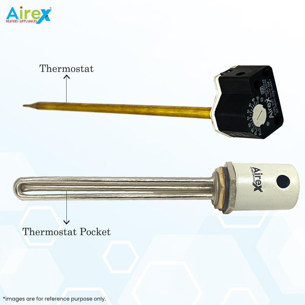 Airex Water Immersion Heater | 3 kW Stainless Steel Double Pipe Heating Element | 1.25-Inch B.S.P. Thread with 7-Inch Auto Cut-Off Thermostat (35–75°C) 4