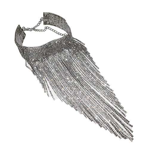 Qiaose Stunning Rhinestone Choker Necklace Women Statement Necklace Long Chain Necklace (Silver) 5
