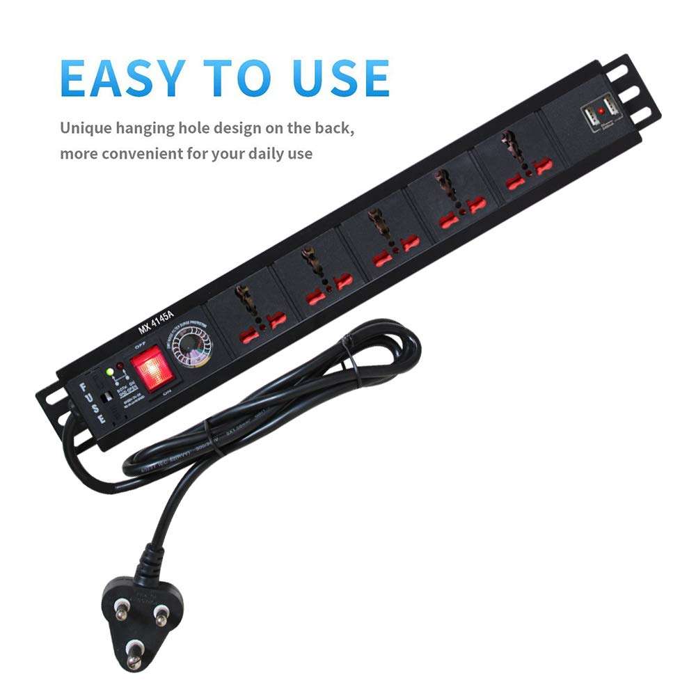 MX 5 Universal Sockets Surge Protector 16 Amp with Child Safety Shutter and Switch + 2 Port USB Charger (2.1A) with Spike Suppressor MOV 5 MTR 3