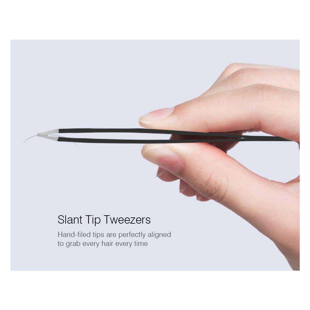 Tweezers Set 4Pcs with Leather Case, Precision Stainless Steel Tweezers for Eyebrows Splinter Facial Hair, Slant Flat Point Angle Tips 3