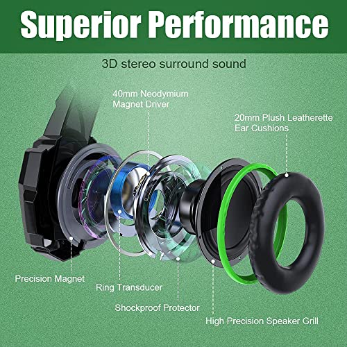 BENGOO G9000 Stereo Gaming Headset for PS4 PC Xbox One PS5 Controller, Noise Cancelling Over Ear Headphones with Mic, LED Light, Bass Surround, Soft Memory Earmuffs for Laptop Mac - Green 2