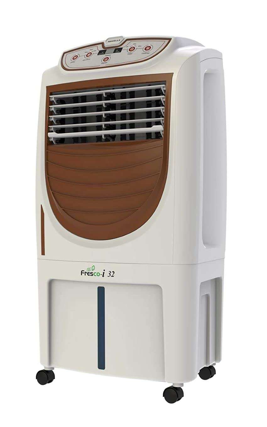 Havells Fresco-i 24L Personal Air Cooler for home | Powerful Air Delivery | High Density Honeycomb Pads | Auto Drain, Humidity Control, Dust Filter Net, Overload Protection | Heavy Duty (White/Brown) 1