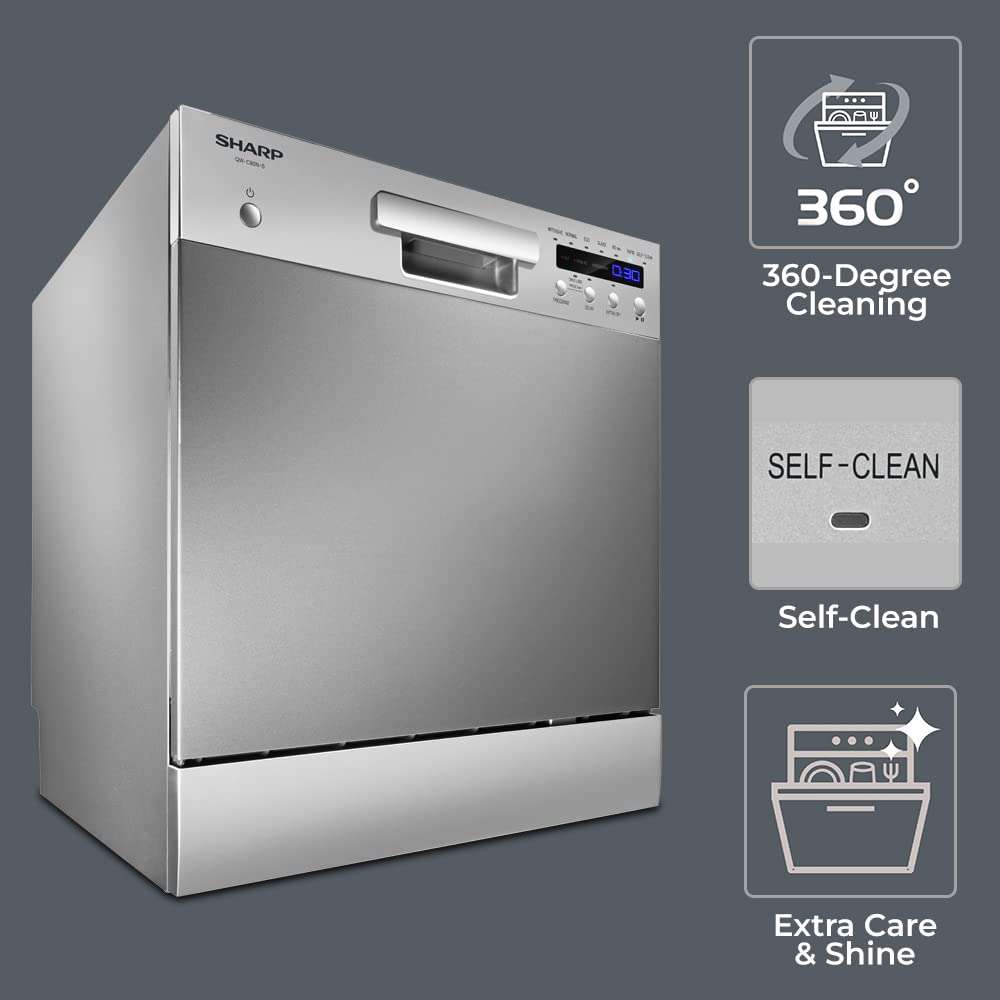 SHARP 8 Place Setting Table-Top Dishwasher (Self-Clean Mode, 4-Step Wash Cycles, Extra Dry Feature, LED Digital Display, Chrome Handle) 5