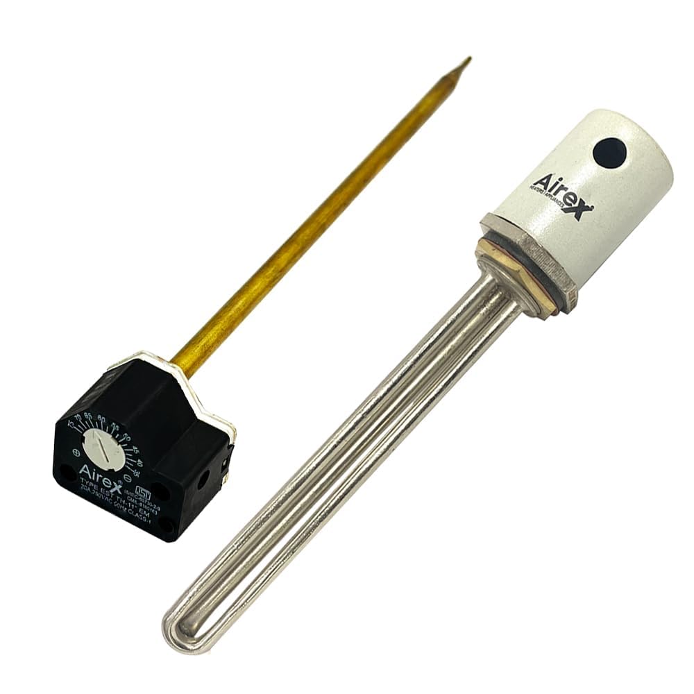 Airex Water Immersion Heater | 3 kW Stainless Steel Double Pipe Heating Element | 1.25-Inch B.S.P. Thread with 7-Inch Auto Cut-Off Thermostat (35–75°C)