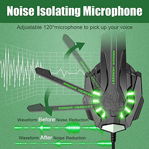 BENGOO G9000 Stereo Gaming Headset for PS4 PC Xbox One PS5 Controller, Noise Cancelling Over Ear Headphones with Mic, LED Light, Bass Surround, Soft Memory Earmuffs for Laptop Mac - Green 4