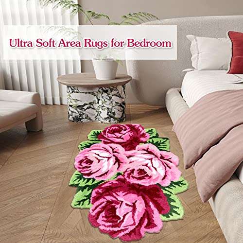 ABREEZE Rose Rug Pink Handmade Bathmat Floral Rug Girls Bedroom Rugs Washable Non-Slip Carpets Shaggy Bathroom Mat Machine Washable Living Room Area Rug, Non Slip Bath Mat, Luxury Bathroom Floor Mats 4