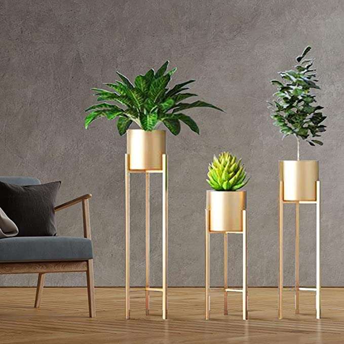 Royal Crafts Wrought Iron Pot Stand, Metal Indoor outdoor Plant Stand With Planter Pot, Gold, 3 Pieces 3