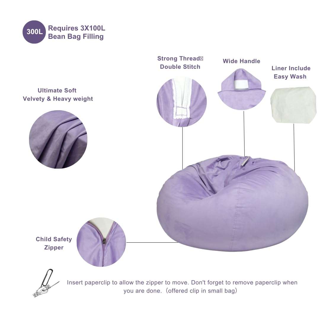 Tusrai Bean Bag Cover with Liner Only Ultra Soft Stretch Velvety Microsuede Bean Bag Chair Cover for Adult Pear Style Washable Large Luxurious 3ft -Lavender Purple 4