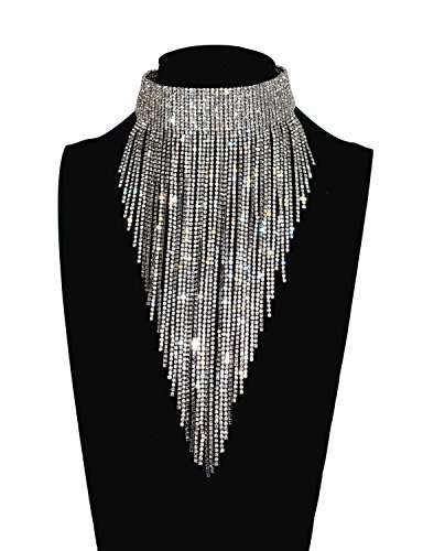 Qiaose Stunning Rhinestone Choker Necklace Women Statement Necklace Long Chain Necklace (Silver) 4