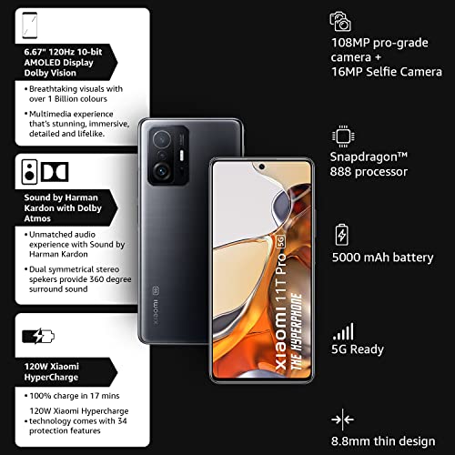 Xiaomi 11T Pro 5G Hyperphone (Meteorite Black, 8GB RAM, 128GB Storage)|SD 888|120W HyperCharge|Segment's only Phone with Dolby Vision+Dolby Atmos 2